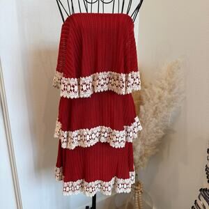 Judith March Red & White Tiered Lace Trim Strapless Mini Dress Small